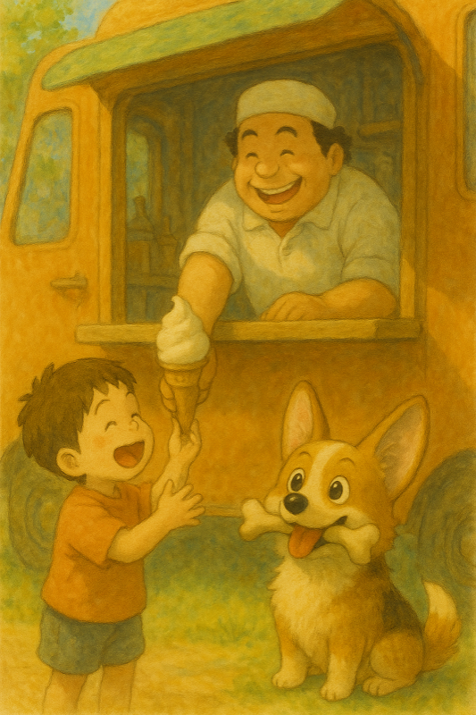 A child happily receiving food from a food truck