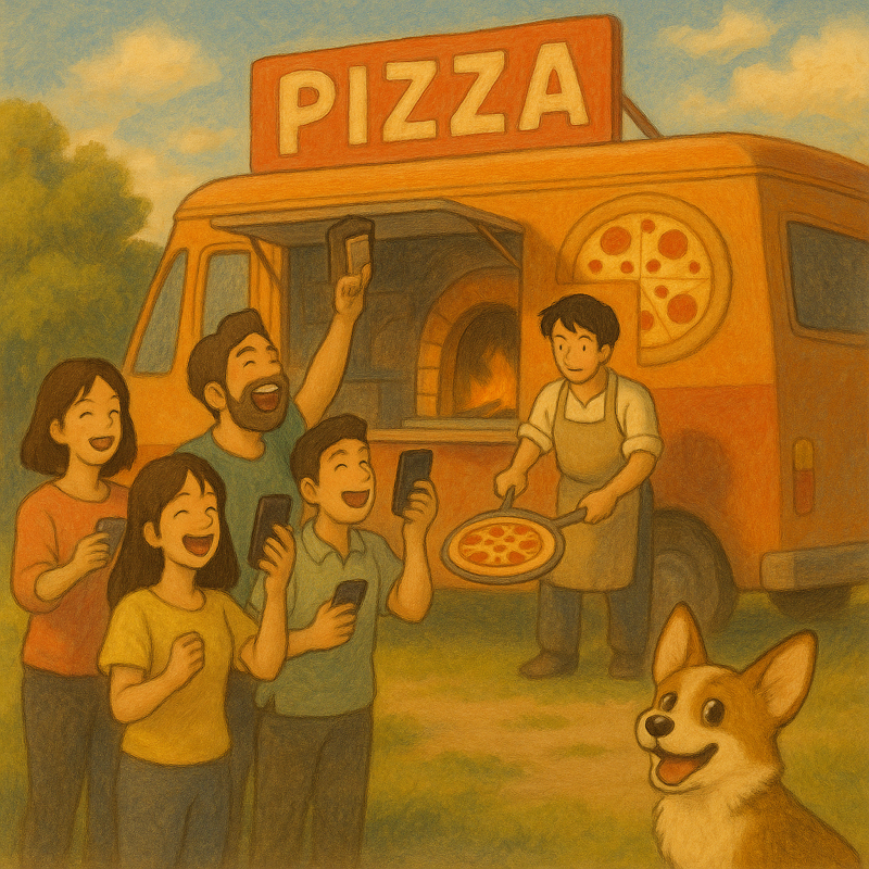 Happy customers at a food truck